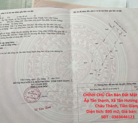 CHÍNH CHỦ Cần Bán Đất Mặt Tiền Tại Ấp Tân thạnh, Xã Tân Hương, Huyện Châu Thành, Tiền Giang.