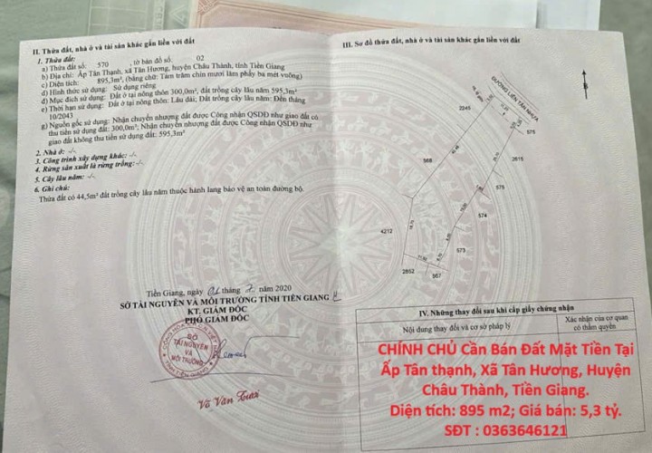 CHÍNH CHỦ Cần Bán Đất Mặt Tiền Tại Ấp Tân thạnh, Xã Tân Hương, Huyện Châu Thành, Tiền Giang.